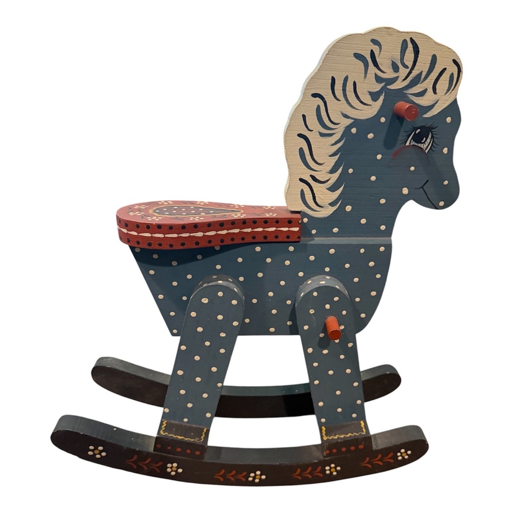 Vintage Folk Art Wooden Rocking Horse Figurine Blue Polka Dot Hand Painted 14in